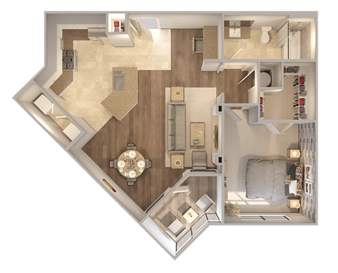 Floor plan for 1 bed, 1 bath, 769 sqft